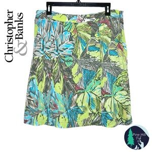 Christopher & Banks Linen Skirt Womens 12P Tropical Print A-line Knee Length EUC